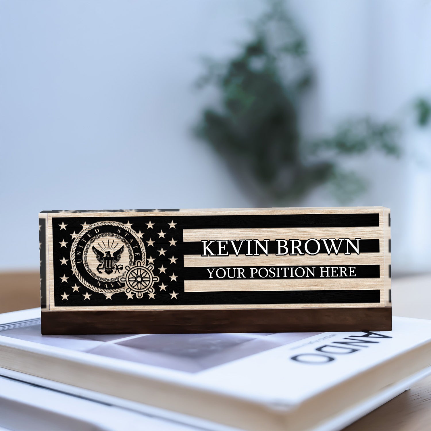 Custom US Navy Black & White Flag Desk Nameplate for Sailors, Veterans & Retirees
