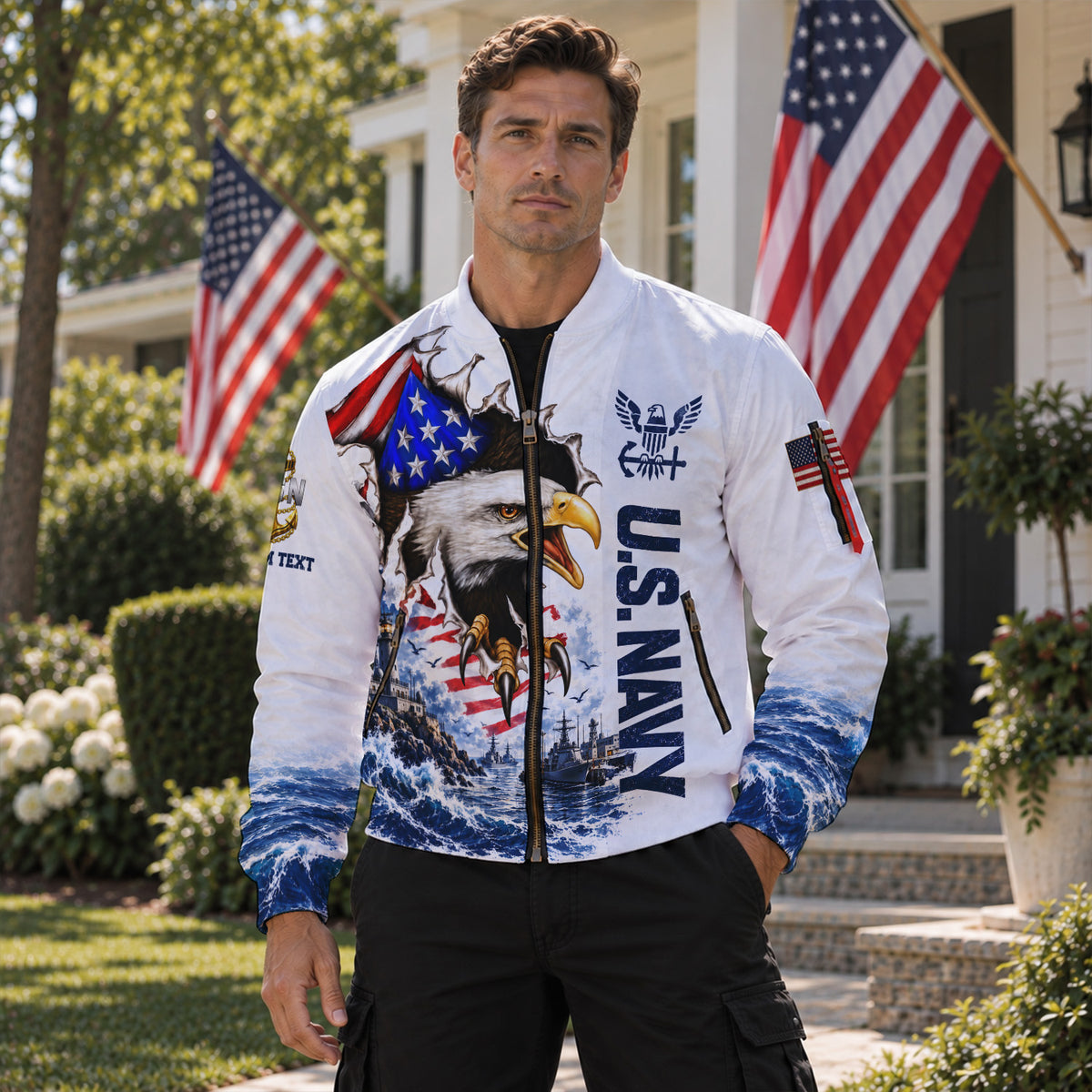 Personalized U.S. Navy Bomber Jacket Custom Rank & Text Veteran Gift