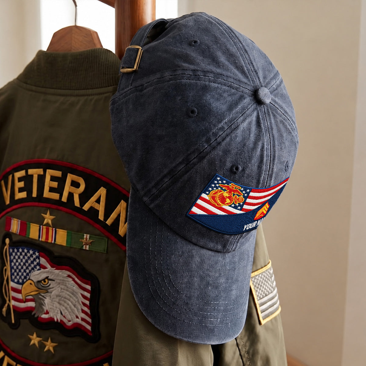 Custom USMC Washed Cap Personalized Military Rank and Text