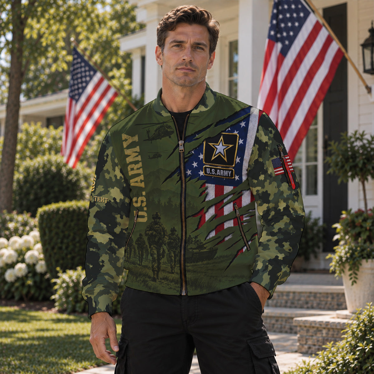 Personalized U.S. Army Bomber Jacket Custom Rank & Text Veteran Gift