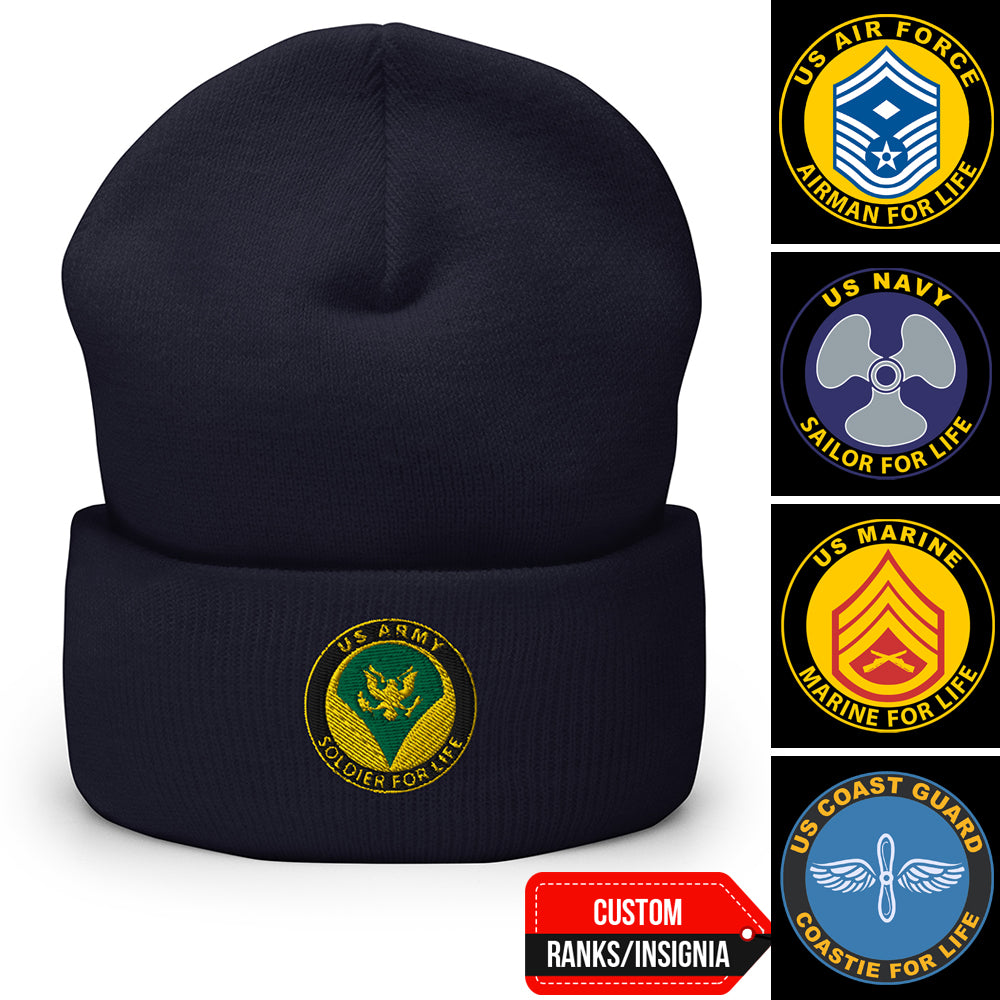 US Military Soldier, Sailor, Airman For Life Custom Ranks/Insignia Embroidered Beanie