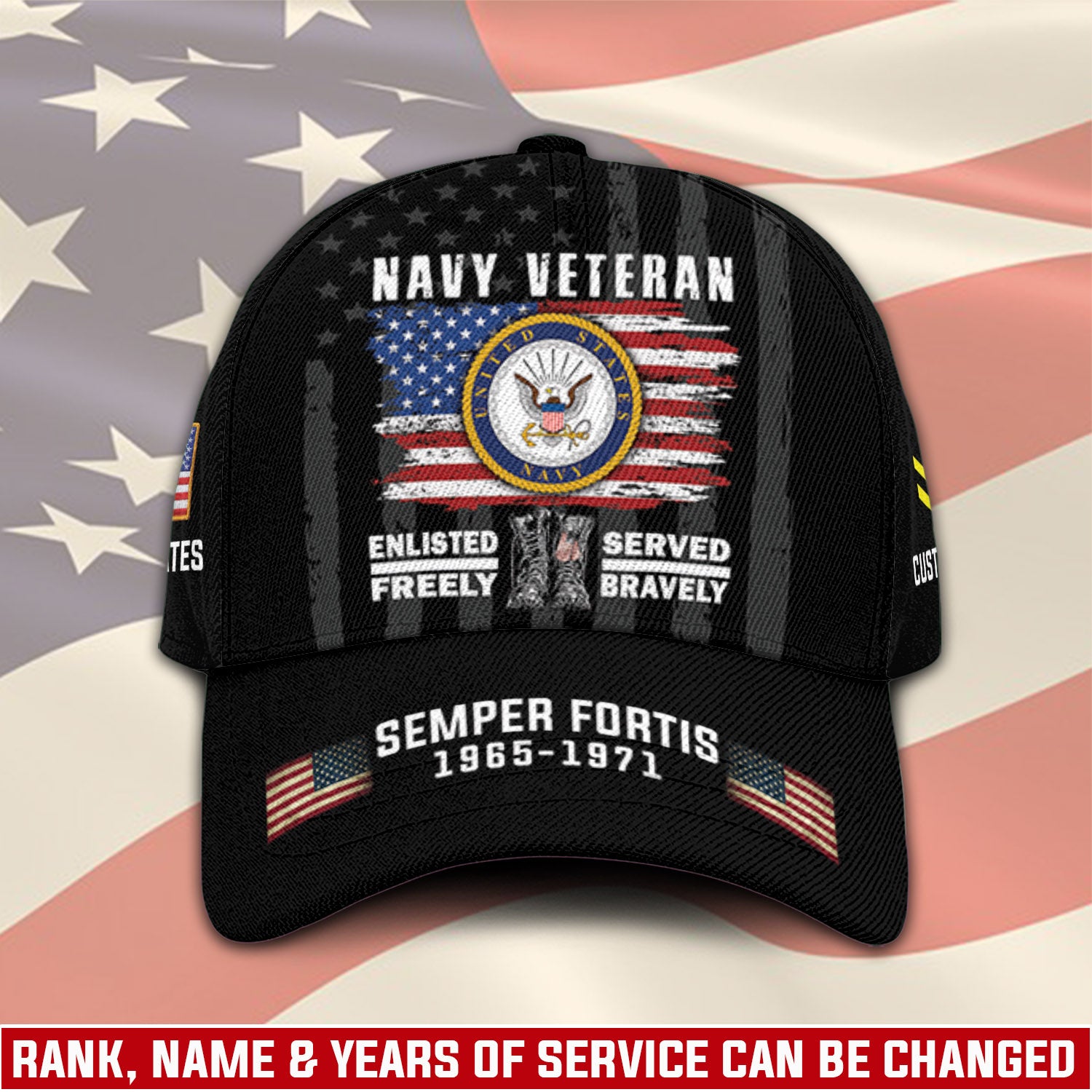 US Military Veteran Military Mottos Custom Ranks/Insignia, Personalized Name And Years Served All Over Prints Premium Classic Cap