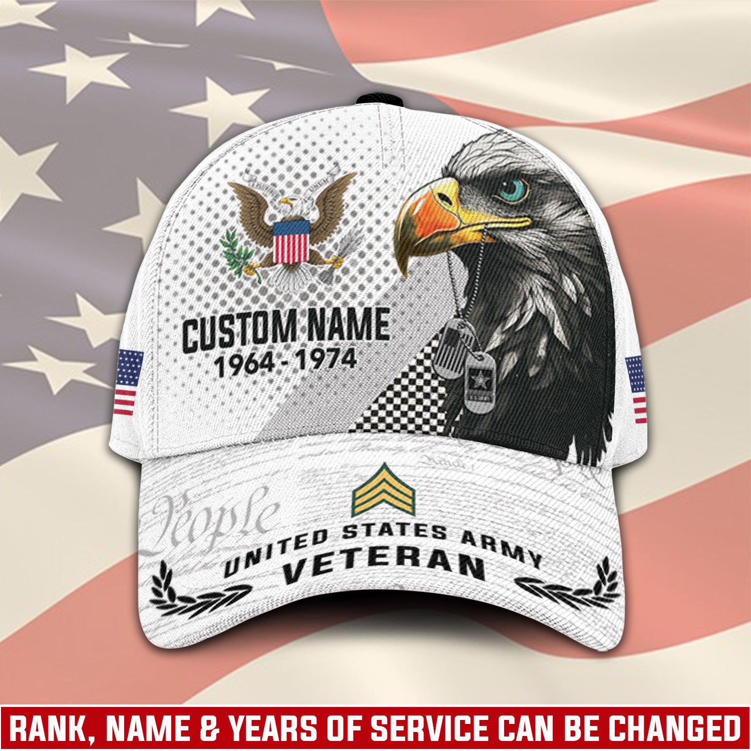 US Military Veteran American Eagle Custom Ranks/Insignia, Personalized Name And Years Served All Over Prints Premium Classic Cap