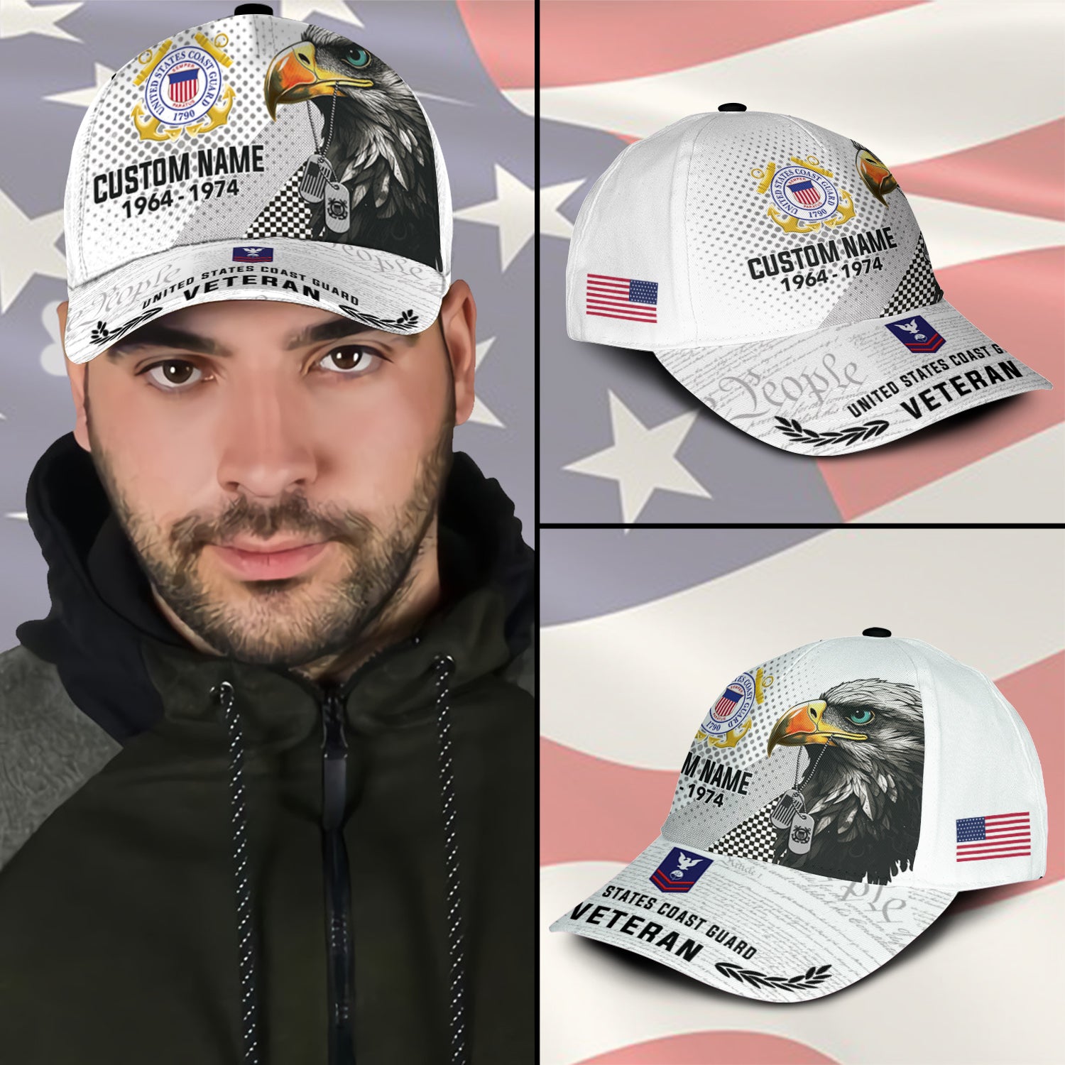 US Military Veteran American Eagle Custom Ranks/Insignia, Personalized Name And Years Served All Over Prints Premium Classic Cap