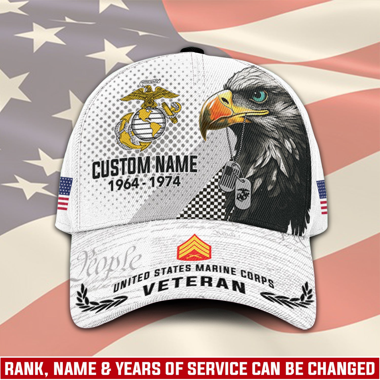 US Military Veteran American Eagle Custom Ranks/Insignia, Personalized Name And Years Served All Over Prints Premium Classic Cap