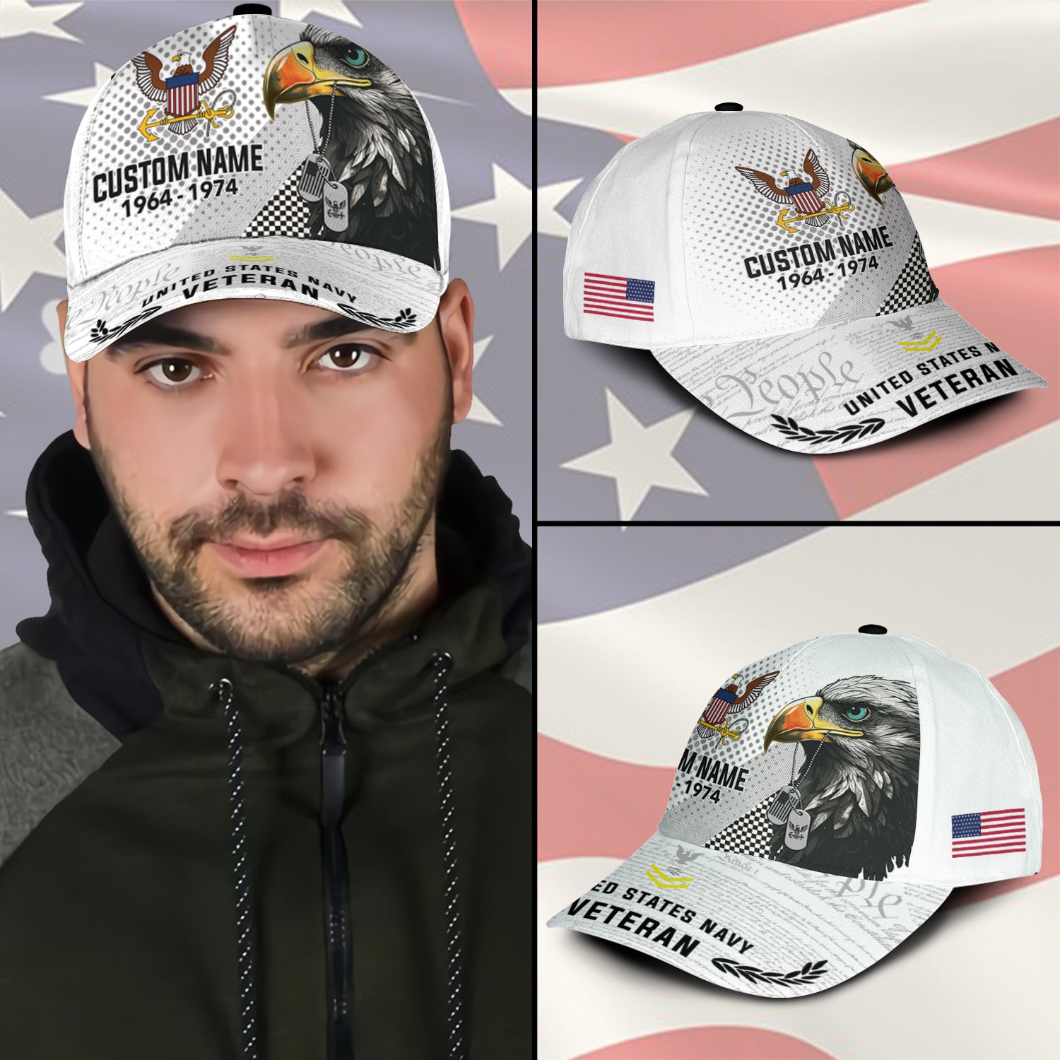 US Military Veteran American Eagle Custom Ranks/Insignia, Personalized Name And Years Served All Over Prints Premium Classic Cap