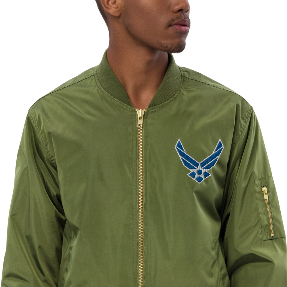 Never Underestimate An Old Air Force, Custom US Air Force Ranks, Insignia On Back, Embroidered Recycled Bomber Jacket