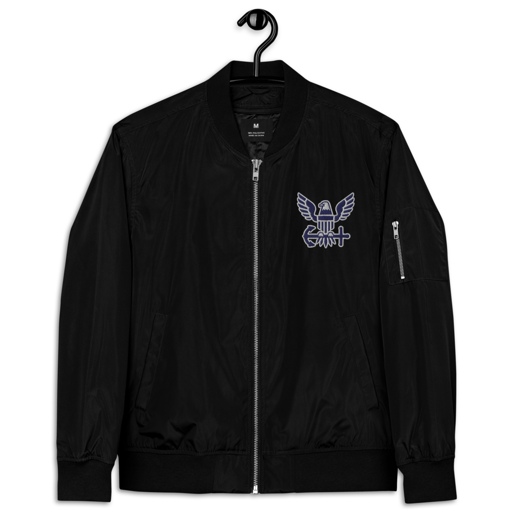 Never Underestimate An Old Navy, Custom Navy Ranks, Insignia On Back, Embroidered Recycled Bomber Jacket