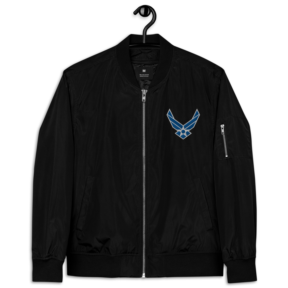 Never Underestimate An Old Air Force, Custom US Air Force Ranks, Insignia On Back, Embroidered Recycled Bomber Jacket