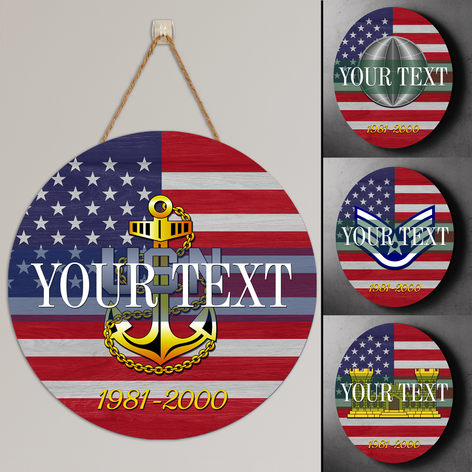 Custom Round Wood Sign, USA Flag With Military Ranks/Insignia - Personalized Name & Ranks-Round Sign-Veterans Nation