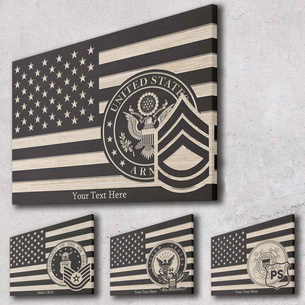 Personalized Canvas 1.5in Frame - Black/White American Flag With Military Ranks/Insignia - Personalized Text & Ranks/Insignia-Canvas-Personalized-AllBranch-Veterans Nation