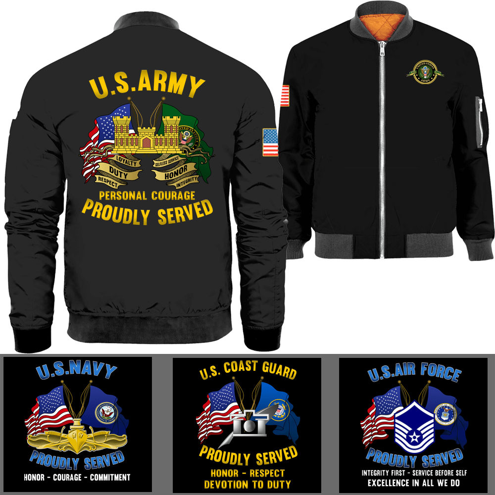 US Military Logo/Ranks Proudly Served Core Values Bomber Jacket-Bomber-AllBranch-Veterans Nation