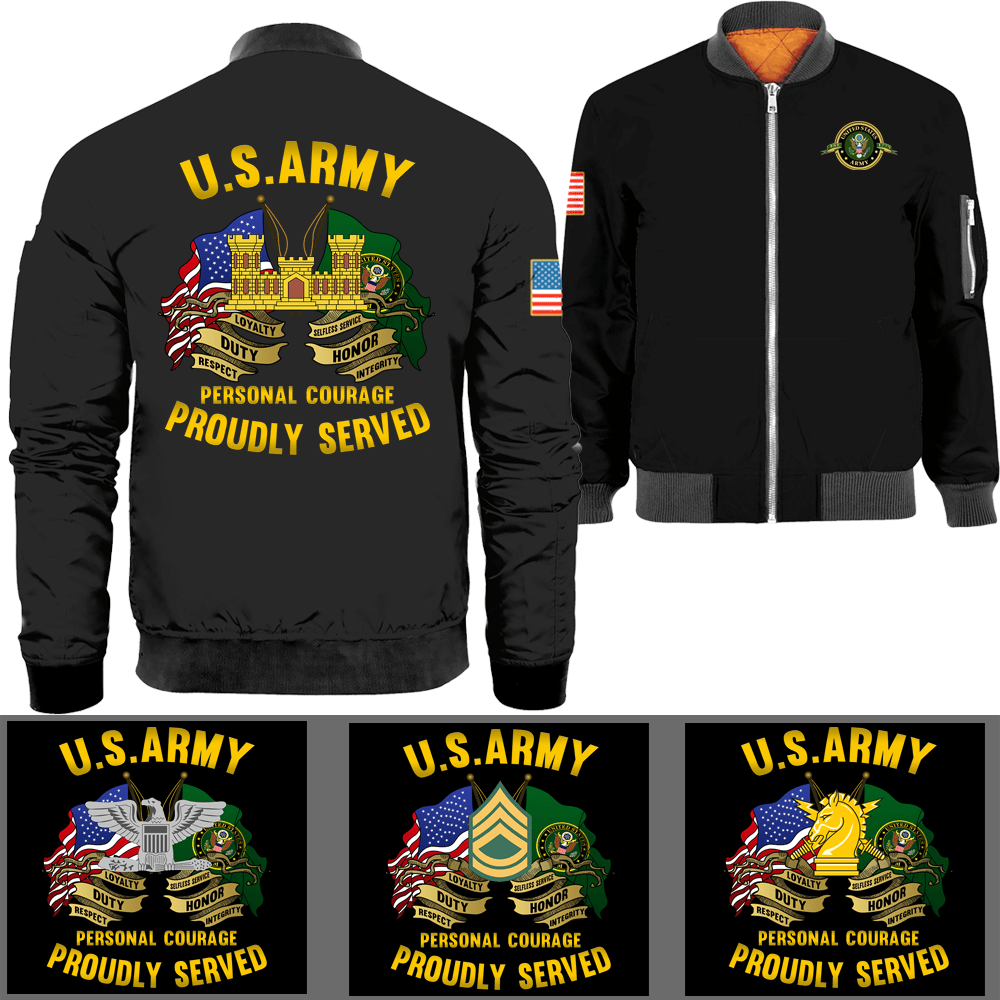 US Military Logo/Ranks Proudly Served Core Values Bomber Jacket-Bomber-AllBranch-Veterans Nation