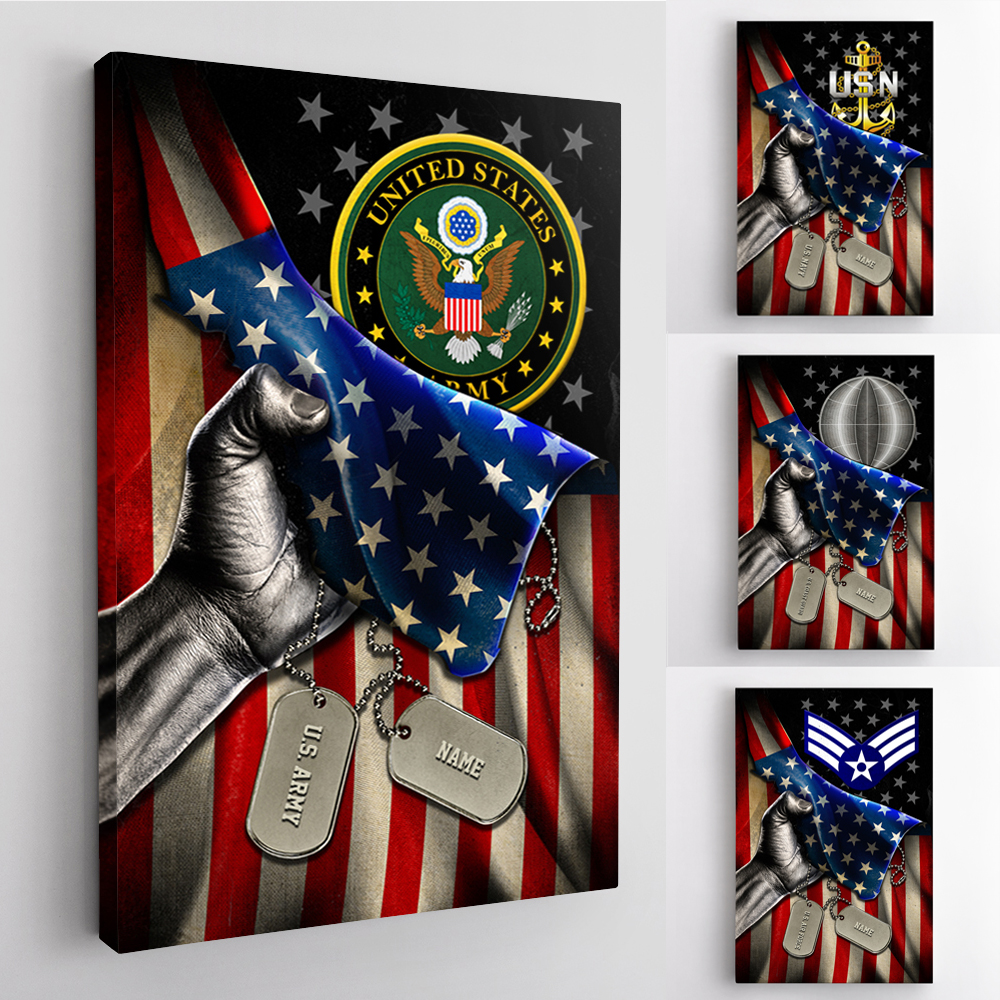 Personalized Canvas 1.5in Frame - USA Flag With Military Ranks/Insignia - Personalized Name & Ranks D07-Canvas-Personalized-AllBranch-Veterans Nation