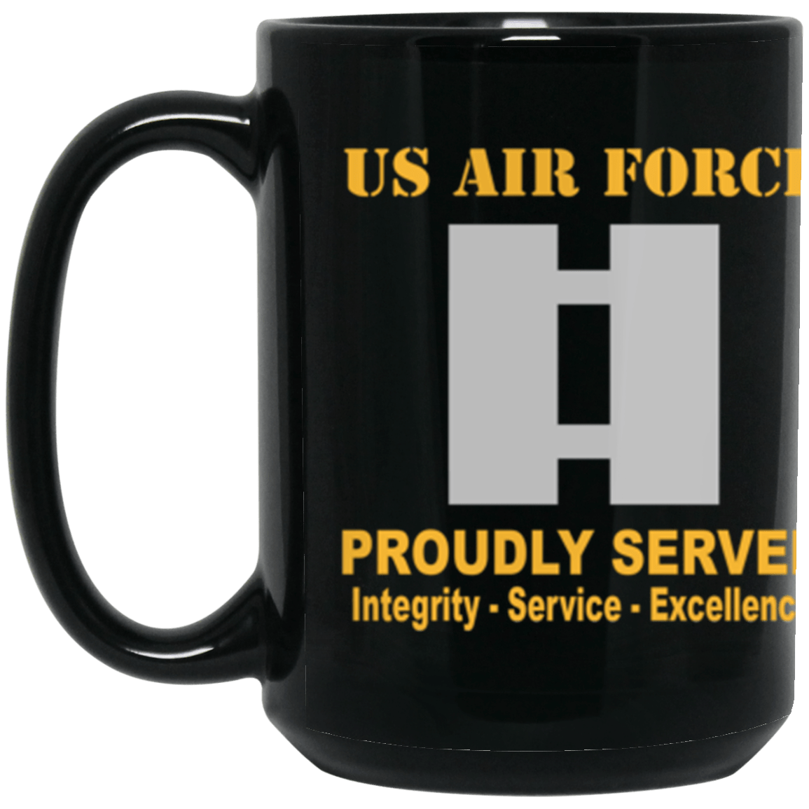 US Air Force O-3 Captain Capt O3 Commissioned Officer Ranks Proudly Served Core Values 15 oz. Black Mug-Drinkware-Veterans Nation