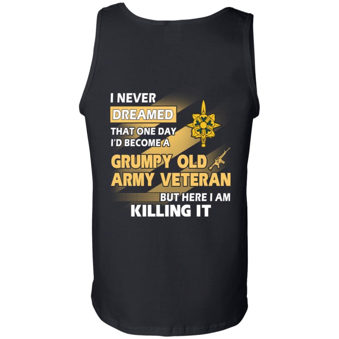 US Army T-Shirt "Military Intelligence Branch Grumpy Old Veteran" On Back-TShirt-Army-Veterans Nation
