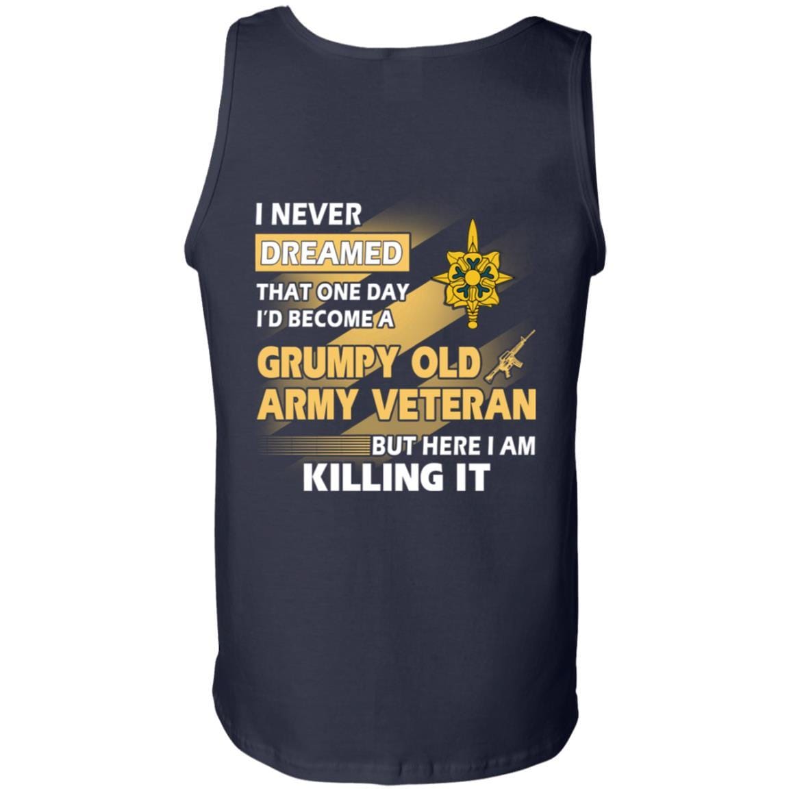 US Army T-Shirt "Military Intelligence Branch Grumpy Old Veteran" On Back-TShirt-Army-Veterans Nation