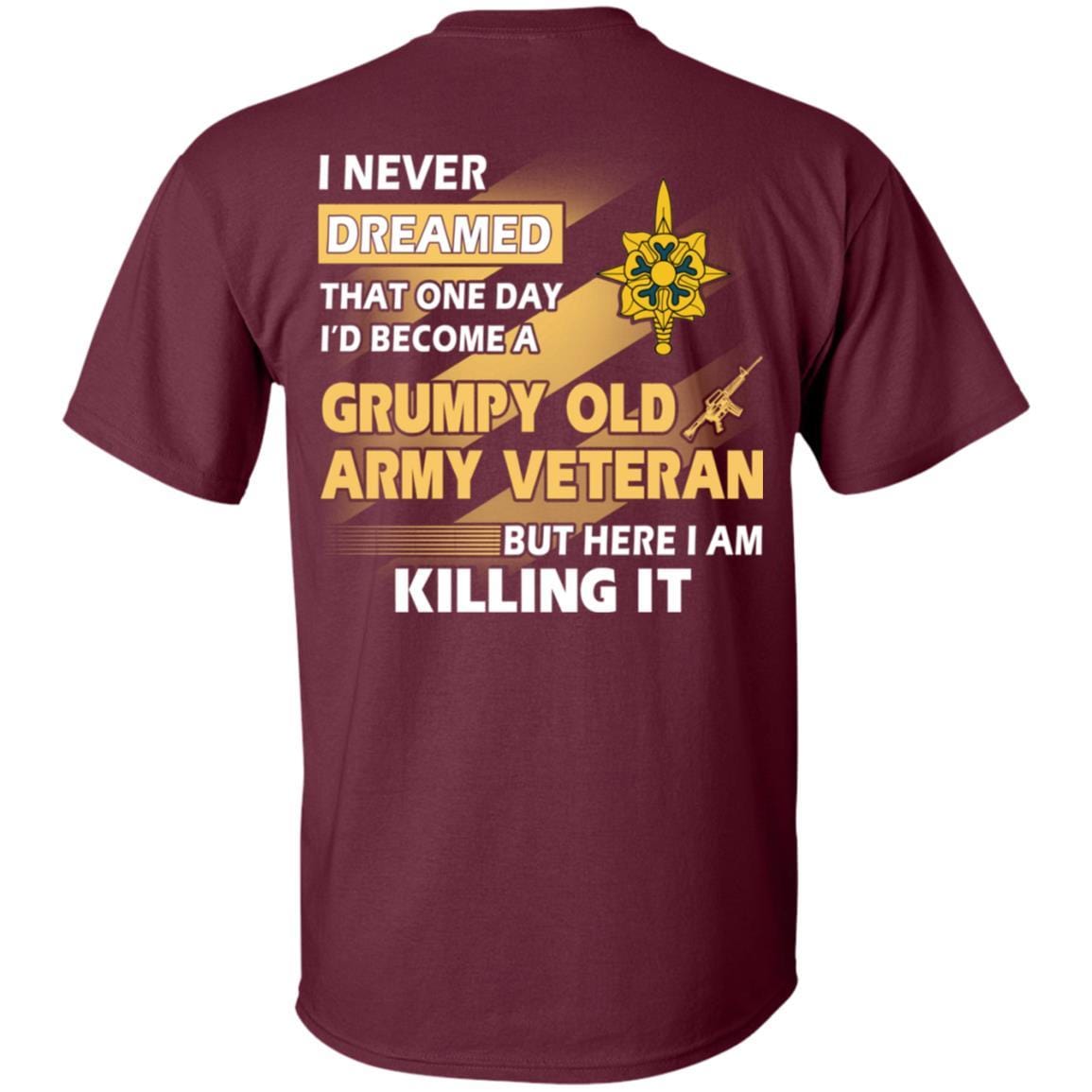 US Army T-Shirt "Military Intelligence Branch Grumpy Old Veteran" On Back-TShirt-Army-Veterans Nation