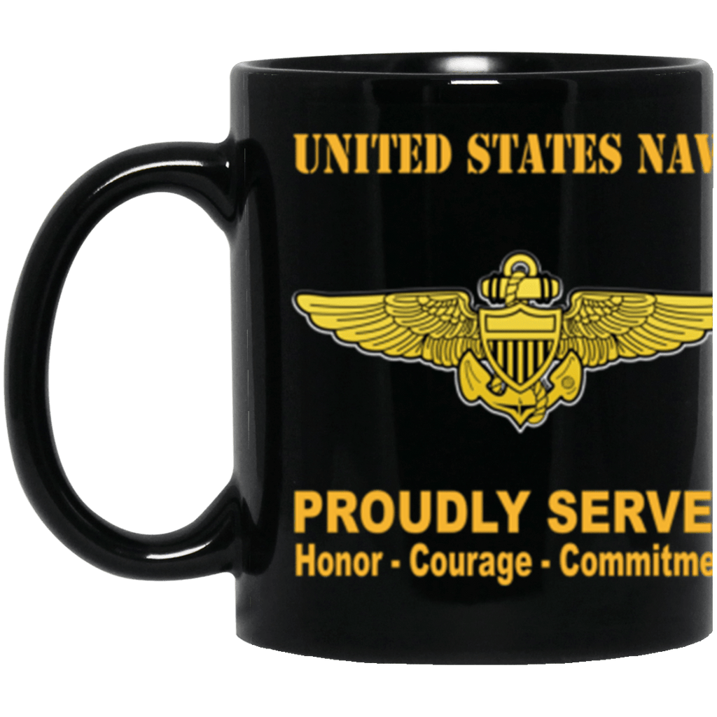 US Navy Naval Aviator Badge Proudly Served Core Values 11 oz. Black Mug-Drinkware-Veterans Nation
