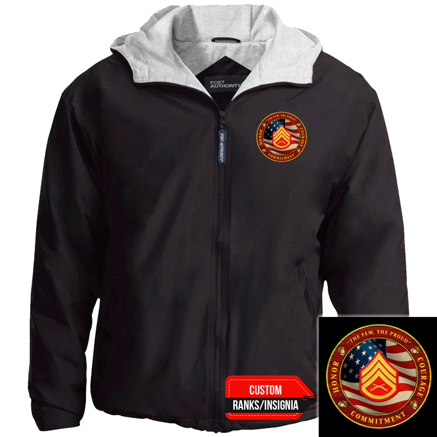 Custom US Marine Corps Ranks/Insignia Military Mottos, Core Values Print On Left Chest Team Jacket