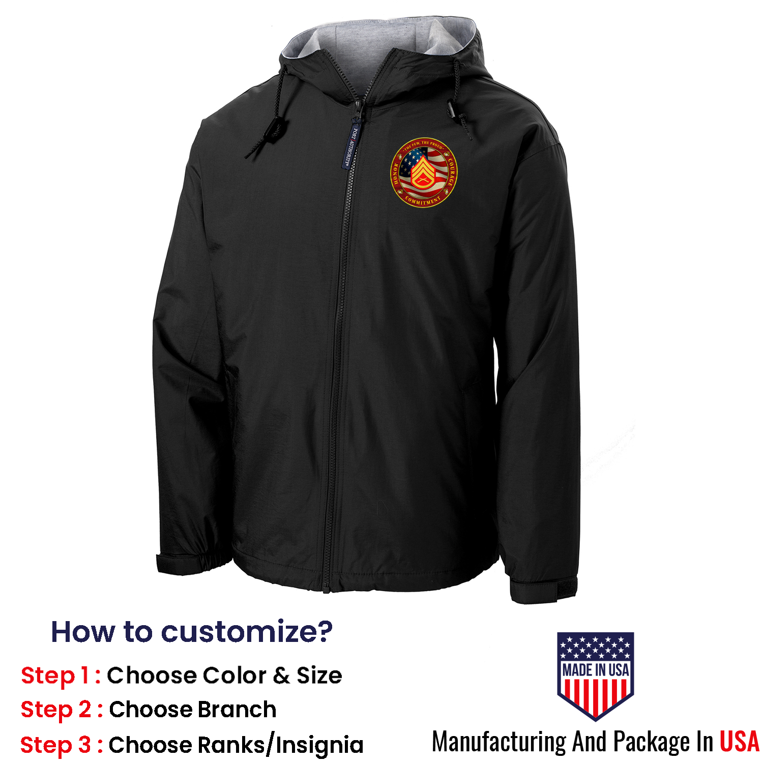 Custom US Marine Corps Ranks/Insignia Military Mottos, Core Values Print On Left Chest Team Jacket